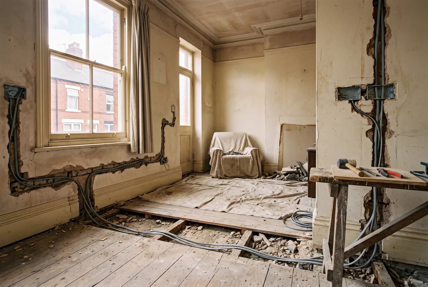 A Victorian terraced living room mid rewire, with floorboards lifted and cable chased into the walls beside a sheeted armchair.
